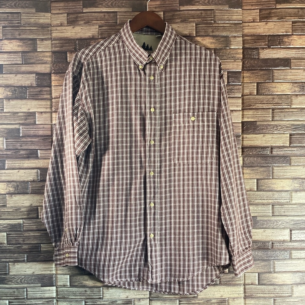 Mens EUC Bugle Boy Large Burgundy Plaid Button Down Shirt